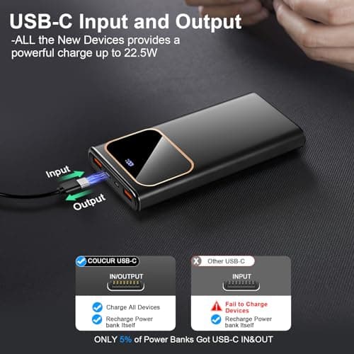 Coucur Power Bank 10000mAh Portable Charger, USB-C (Input&Output) 22.5W Fast Charging Battery Pack,QC 4.0+PD3.0 LED Display Phone PowerBank, for iPhone Samsung and etc Smartphones and All USB Devices 6