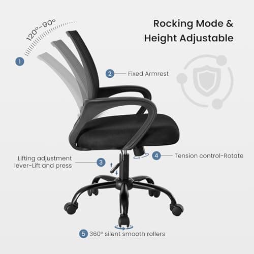 DUMOS Office Chair - Ergonomic Mid Back Mesh Desk Chair with Lumbar Support & Rocking Mode, Height Adjustable with Fixed Armrest, Computer, Gaming, Conference, 360° Swivel, Black 7