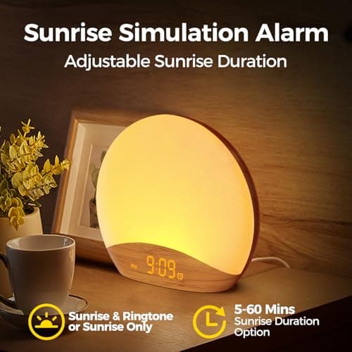 REACHER Wood Grain Sunrise Alarm Clock and Sound Machine Nightlight, Digital Dimmable Clock for Bedroom, 26 Sleep Sounds, White Noise Machine for Baby, Adults, Wake Up Light Alarm Clock for Kids 8
