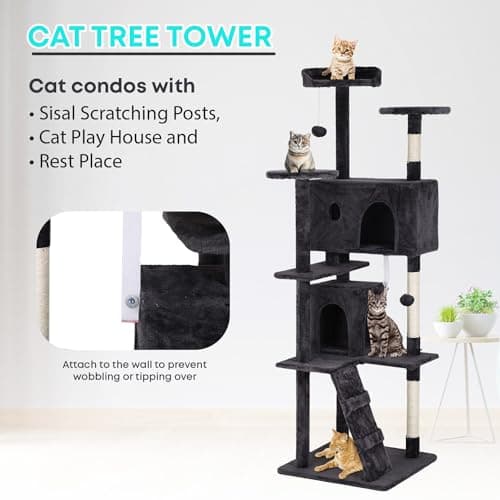 FDW | 70" Cat Tree Tower | Dark Gray | Multi-Level Indoor Activity Center with Sisal Scratching Posts, Condos, Plush Perches, Hanging Cat Toys | Sturdy, Easy to Assemble | for Kittens & Adult Cats 6