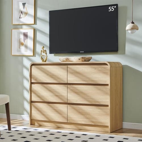 Aitjunz Modern 6 Drawers Dresser for Bedroom, 47" Wide Wood Dressers & Chests of Drawers w/Curved Profile Design, Mid Century Modern Dresser w/Natural Texture for Bedroom, Living Room, Natural Oak