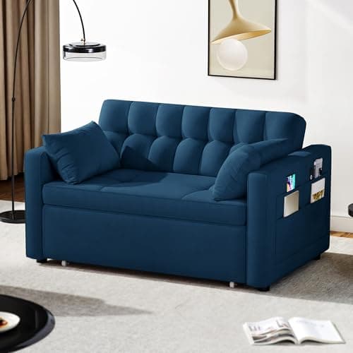 YITAHOME 55" Convertible Sofa Bed, 3-in-1 Sleeper Sofa with Pull-Out Bed, Cat-Scratch-Proof Fabric Futon Couch with Reclining Backrest and Side Pocket, Loveseat for Living Room, Blue, Full Size 7