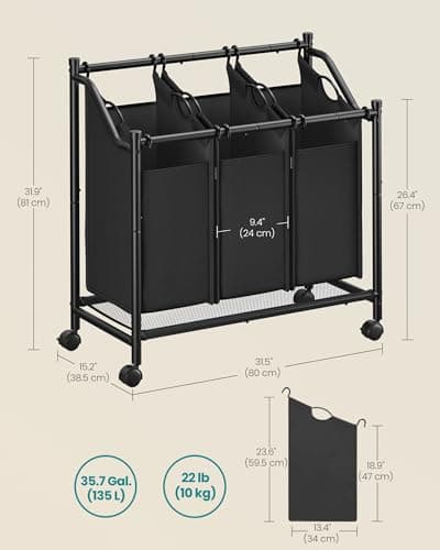 SONGMICS Laundry Sorter, Rolling Laundry Basket with 3 Removable Bags, Laundry Hamper, Laundry Cart, for Laundry Room, Bedroom, Bathroom, 3 x 11.9 Gallons, Ink Black URLS102B01 5