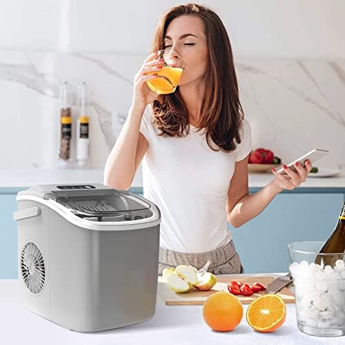 Portable Countertop Ice Maker Machine with Handle, 9 Bullet-Shaped Ice Cubes Ready in 6 Mins, 26Lbs/24H, Self-Cleaning Function with Ice Scoop and Basket for Home/Kitchen/Party (Grey) 8