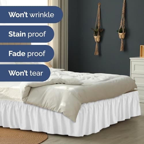 Wrap Around Dust Ruffle Bed Skirt - White - for Queen Size Beds with 12 Inch Drop - Easy Fit Elastic Strap - Adjustable Pleated Bedskirt w/Brushed Fabric - Wrinkle Free - for Women, Men, Kids & Teens 5
