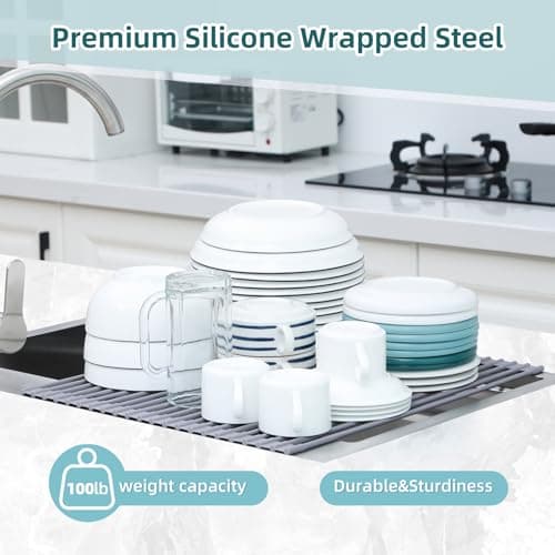 Ohuhu Over Sink Dish Drying Rack, Silicone Wrapped 17.6" W x 15.4" L Large Over The Sink Roll Up Dish Drainer - Foldable Sink Drying Rack Rolling Drain Mats Anti-Slip Multipurpose for Kitchen Counter 8