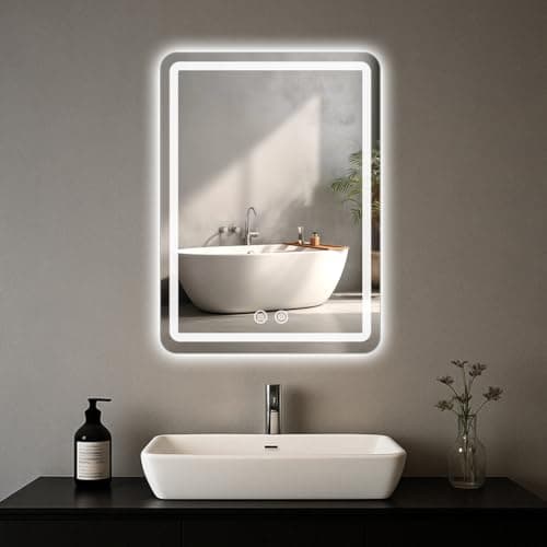 LED Bathroom Mirror, 16 x 24 Inch Anti-Fog Bathroom Mirror with Lights, Stepless Dimmable Lighted Bathroom Mirrors for Wall, Rectangle Bathroom Vanity Mirror with Front and Backlight, Vertically Only