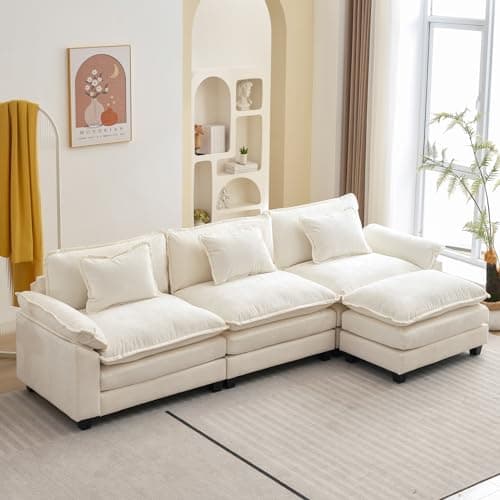 Oprisen 120" Modular Sectional Sofa, Comfy Cloud Couch Sectional Sofa with Ottoman, Chenille Sofa Sleeper Deep Seat Sofa with Throw Pillows for Living Room (Beige White, 120"- L Shape)