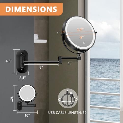Auxmir 8'' Wall Mounted Lighted Makeup Mirror, 3200mAh Rechargeable Double-Sided 1X/20X Magnifying Mirror with Light, Touch Dimmable 3 Color Light, 360° Rotation Foldable Extended Arm, Black 8