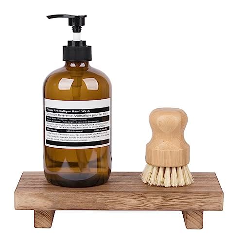 zoocatia Small Wood Tray Pedestal Stand Farmhouse Bathroom Decor Decorative Wooden Riser Kitchen Soap Dish Holder for Vanity, Counter, Sink, Brown 6