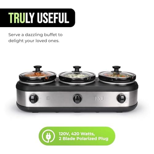 TRU Triple Buffet Server - Three 2.5 Quart Removable Crock Inserts - Slow Cooker & Food Warmer with Individual Heat Control - Includes Lid Rests & Serving Spoons 5