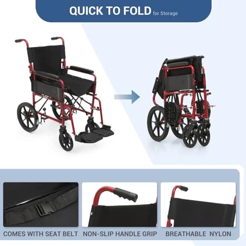 monicare Folding Transport Wheelchair for Adults, Heavy-Duty Wheel Chair with Padded Armrest and Swing-Away Footrest, 18 Inch Wide Seat Transport Chair for Seniors, 300Lbs Capacity, Red 8