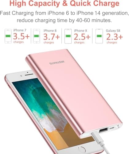 BESTMARS Pink Power Bank Fast Charging 20W High-Speed Portable Charger 10000mAh USB-C Back Up Battery Pack Powerbank for iPhone 16 15 14 13 12 11 X XS XR Pro Max Samsung Cell Phone etc Pink Rose Gold 3