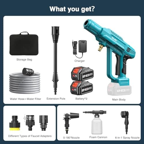 SEESII Cordless Pressure Washer - 970PSI Battery Powered Pressure Washer, 2 Rechargeable Batteries, 6-in-1/360°Adjustable Nozzles, Portable Handheld Power Cleaner for Car Home Floor/Fence/Patio 9