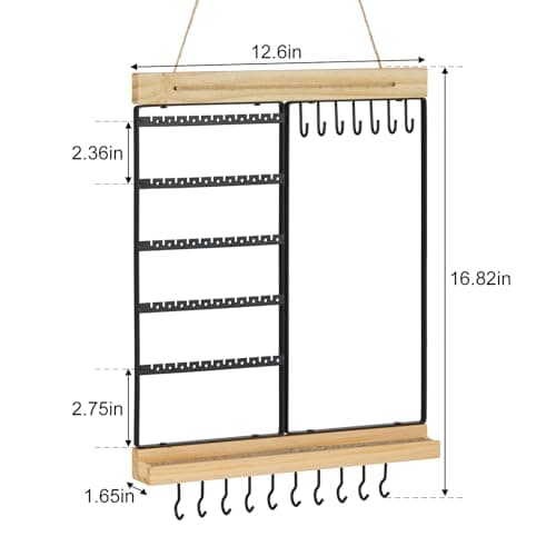 Feyejade Hanging Jewelry Organizer, 5-Tier Wall Earring Holder with Wooden Ring Groove, Jewelry Rack Wall Mounted for Earrings, Necklaces, Bracelets and Rings, Jewelry Holder Stand, Black 7