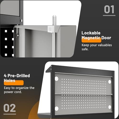 Rumetol 65" Heavy Duty Garage Workbench with Storage Drawers & Pegboard,2000lbs Capacity Metal Work Bench with Lockable Magnetic Cabinets,Adjustable LED Light for Workshop/Garage 5