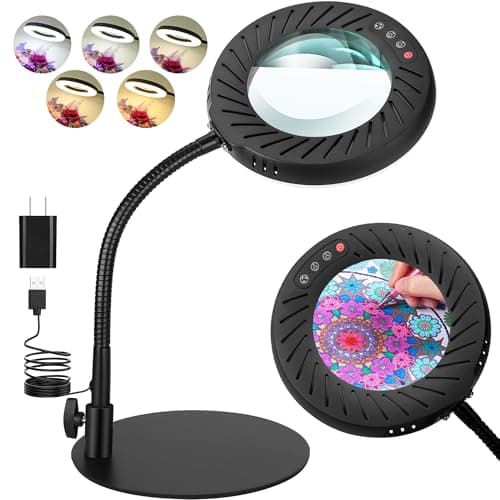 Coteck 10X Magnifying Glass with Light and Stand, Flexible Gooseneck Magnifying Desk Lamp, 5 Color Modes Stepless Dimmable, Hands Free LED Lighted Magnifier for Painting Crafts Hobby Sewing Close Work