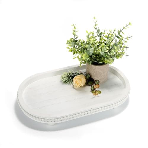 SYNCVIBE Wooden Decorative Tray for Home Decor, Beaded White Oval Tray Decor for Coffee Table, Rustic Wood Serving Trays Farmhouse Centerpieces for Living Room Kitchen Counter (White Oval)