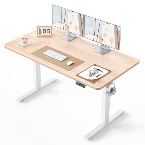 BANTI 55 × 24 Inches Standing Desk, Ergonomic, Electric Height Adjustable, Sit and Stand Up, Computer Office Desk with Splice Board, White Frame/Maple Top