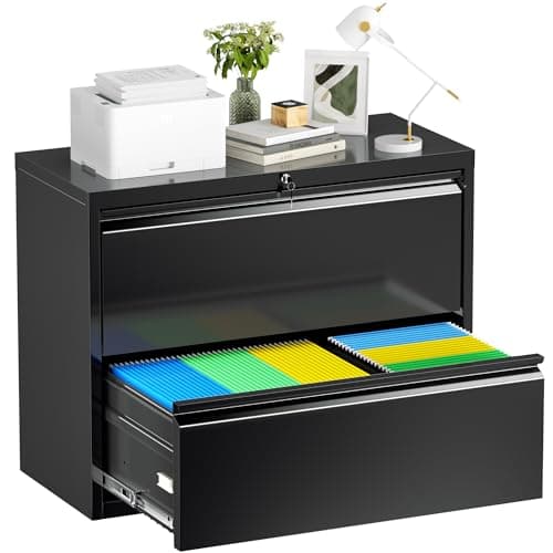 Bonusall Lateral File Cabinet 2 Drawer, Metal Lateral Filing Cabinet with Lock, Locking Horizontal Drawers File Cabinets for Legal/Letter / A4 / F4 Size for Home Office, Steel, Heavy Duty, Black
