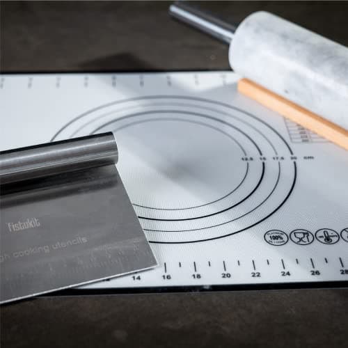 Fistukit White Marble Rolling Pin with Stainless Steel Handles Baking Set - Silicone Baking Mat, Bench Scraper, Wooden Base 8