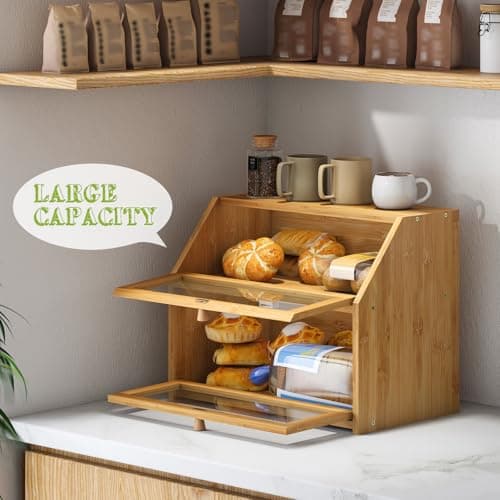 BMOSU Farmhouse Bread Box for Kitchen Countertop Bread box Double Layer Bamboo Wooden Extra Large Capacity Bin Kitchen Food Storage Container(Natural) 6