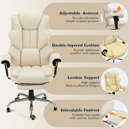 HOMREST 6-Point Massage Executive Chair,Heat Office Chair,Ergonomic Home Office Desk Chairs with Retractable Footrest and Reclining Function,Leather Computer Chair with Adjustable Armrest(‌Off White) 7