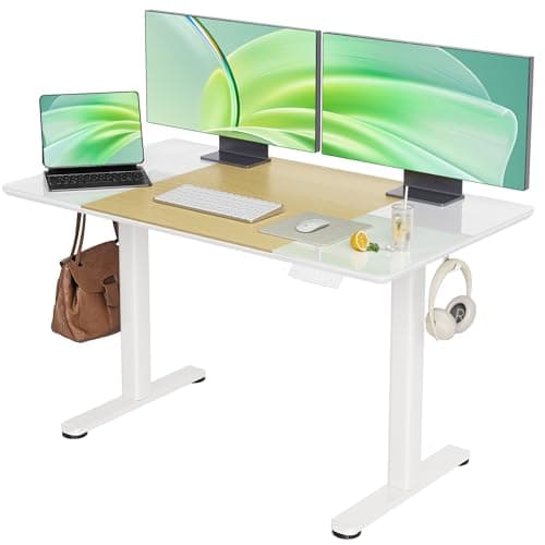 INNOVAR Glass Standing Desk, 48 x 24 Inches Height-Adjustable Desk, Tempered Glass and Wooden Top, Quick Install Home Office Stand Up Desk with 4 Presets, White Glass and Natural Wood