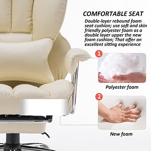 Efomao Desk Office Chair 400LBS, Big and Tall Office Chair, PU Leather Computer Chair, Executive Office Chair with Leg Rest and Lumbar Support, Beige Office Chair 5