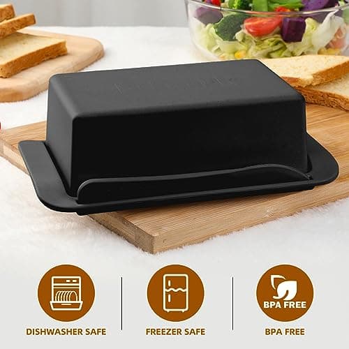 Bamboo Butter Dish with Lid,Knife,Large Butter Keeper for Countertop and Fridge,Holder Container for 2 Sticks East Coast/West Coast/European Style/Kerrygold Butter,Dishwasher Safe,Black 4