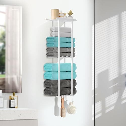 KISENG Towel Racks for Bathroom, 3 Tier Metal Towel Holder, with Shelf & 6 Hooks, 29 inch Wall Mounted Towel Storage, 6 Large Bath Towels Capacity,Small Bathroom Towel Rack for Rolled Towels, White 9