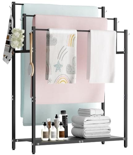 Mondazie 44” Tall Free Standing Towel Racks with 6 Hooks for Bathroom, 3 Tiers Oversized Pool Bath Towels Drying Stand, Metal Blanket Ladder Holder with Storage Shelf for Bedroom Living Room, Black