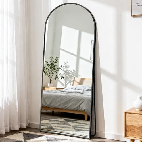 DUMOS 63"x20" Arched Full Length Mirror with Stand Floor Free Standing Aluminum Frame for Bedroom Body Hanging Leaning Modern Simple Home Decor Shatter-proorf Nano Glass Wall, Black-Rounded 6