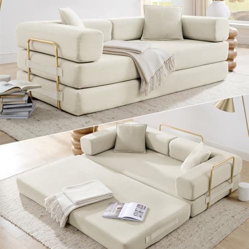 HANXIN 78 Inch Convertible Sleeper Sofa Bed, Folding Floor Mattress Couch with Fixed-Shape Frame, Futon Boneless Couch Lounge Loveseat with Pull Out Bed, No Assembly Required (Beige)