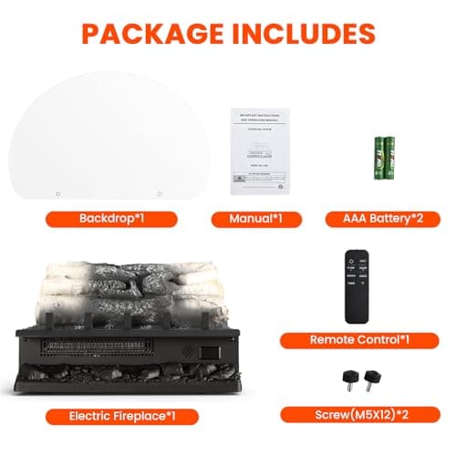 Rintuf Electric Fireplace Logs Set, 1500W Fireplace Insert Log Heater, Overheat Protection, Remote Control, Timer, 5 Flame Brightness/Speed & 4 Flame Sound, 20" Black Fireplace for Living Room Bedroom 9