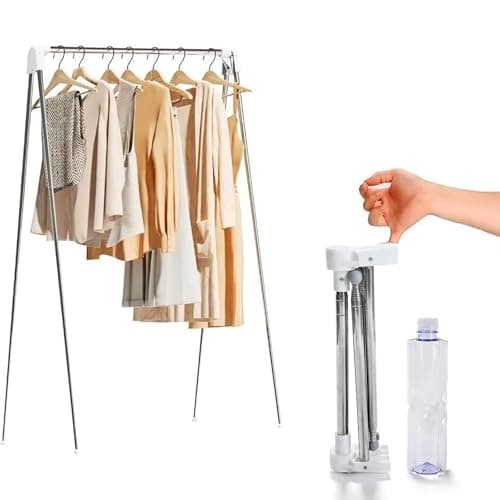 Heekaby Portable Travel Garment Rack, Collapsible Clothes Rack, White, Stainless Steel, 16"D x 35"W x 53"H, 8.8 Pounds, Foldable, Portable, Collapsible