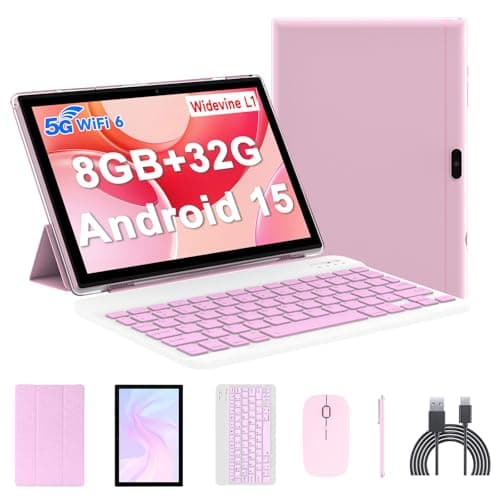 Android 15 Tablet, 10 Inch 8GB RAM+32GB ROM+1TB Expand, 1.8Ghz Quad-core Processor, 2 in 1 Tablets with Keyboard/ Mouse/ Case/ Stylus, 8MP Camera, 6000mAh Battery, 1280*800 HD Screen, 5G WiFi 6 Tablet