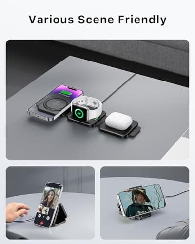 MURPISO 3 in 1 Charging Station for Apple, Foldable Travel Wireless Charger for iPhone 17 16 15 14 13 12 Pro Max Plus, Magnetic Wireless Charging Pad for AirPods, Wireless Charger for iWatch Series 7