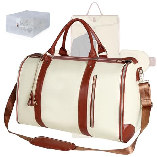 Convertible Garment Duffle Bag for Travel, Carry On Garment Bag with Shoe Pouch, PU Leather, 2 in 1 Hanging Suit Travel Bags Large Weekender Overnight Bags for Women Men (Beige)
