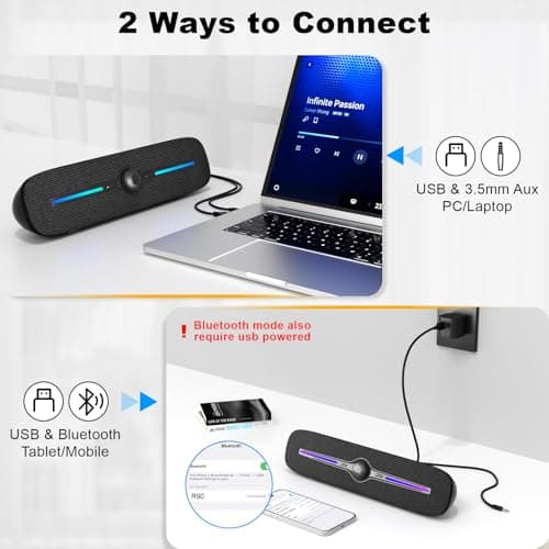 SOULION R90 Bluetooth Computer Speakers for Desktop, USB Powered 3.5mm AUX PC Speakers with LED Dynamic Light, Portable Soundbar Speaker with Rotary Volume Control for Laptop Monitor 5