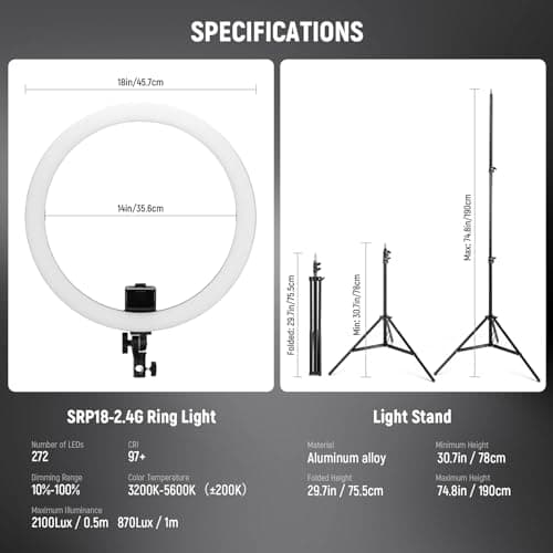 NEEWER Advanced 18" LED Ring Light with Tripod Stand Phone Holder for iPhone Samsung Android Phones for Makeup YouTube Video Blogger Salon (Black) 6