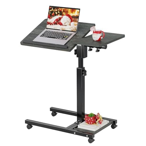 Laptop Desk Stand for Bed Portable Desk Overbed Bedside Mobile Laptop Table Rolling Foldable Table Adjustable Height with Locked Wheels & Mouse Pad for Office Sofa (Dekuwood Black)