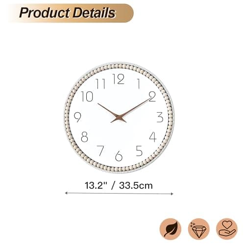 ALYBSOO Boho Wall Clock 13.2 inch, Chic Wall Clock Decor, DIY Rustic Wooden Bead Silent Wall Decorative Clock for Housewarming Gift (White) 6