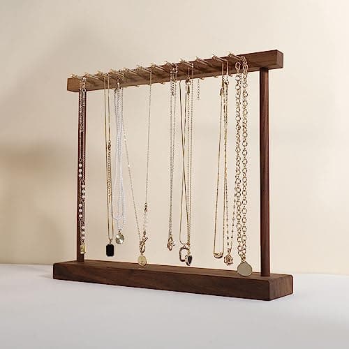 GemeShou Medium necklace hanger shelf with 12 copper bars, Wooden jewelry storage organizer rack for hanger necklace bracelet, necklace display stand for boutique store【Walnut】