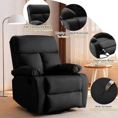 hzlagm Swivel Rocker Recliner, Rocking Recliners Chair for Small Spaces, Small Rocker Recliner Chair, Nursery Rocking Chairs for Living Room, RV, Nursery, Black 6