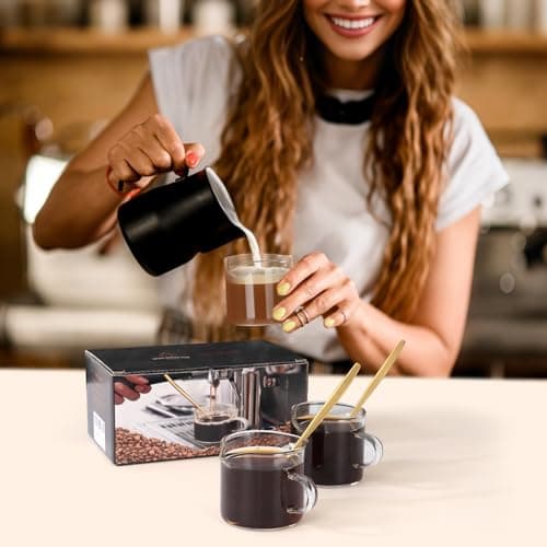 Mcupper 2 Pack Espresso Cups 4 OZ, Double Spouts Cups with Handle and 2 Stainless Steel Spoons, Espresso Shot Glasses, Milk Cup, Clear Glass for Espresso Machine 6