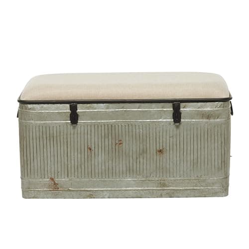 Deco 79 Metal Room Storage Bench Galvanized Entryway Bench with Cream Burlap Top and Black Latches, Bench 38" x 16" x 19", Gray
