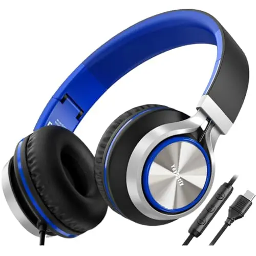 yoygerty Upgraded USB Type C Wired Headphones, Foldable Over-Ear Headphones with Mic and Volume Control, Hi-Fi Stereo Sound for Adults/Teens/Toddlers/Tablets/Travel(Blue)