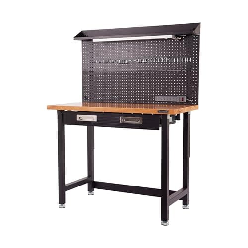 Seville Classics UltraHD Heavy Duty Commercial Lighted Workcenter w/Pegboard, 500 lbs. Weight Capacity for Garage, Warehouse, Workshop, Solid Wood Top, Graphite, 48" W x 24" D x 65.5" H