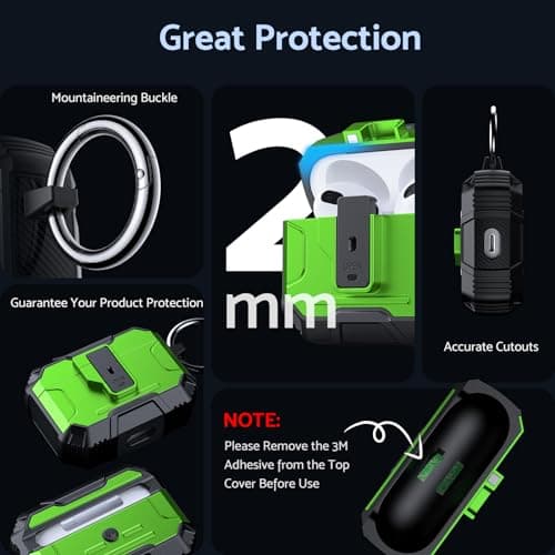 DASFOND Armor Cover Airpods 3 Generation Case, Military Grade Full Body Shockproof Protection Hard Case, Support Wireless Charging with Keychain, Magnetic Lid, Front LED Visible, Grass Green 5